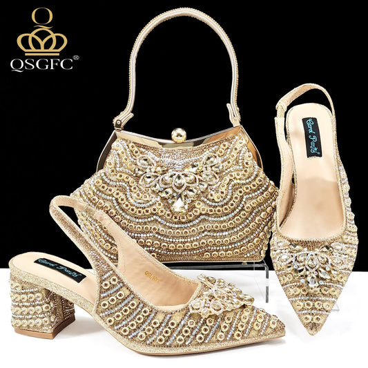 Full Rhinestone Comfortable high heel shoes And Bag Fashion Style Pointed-Toe Shoes For Women