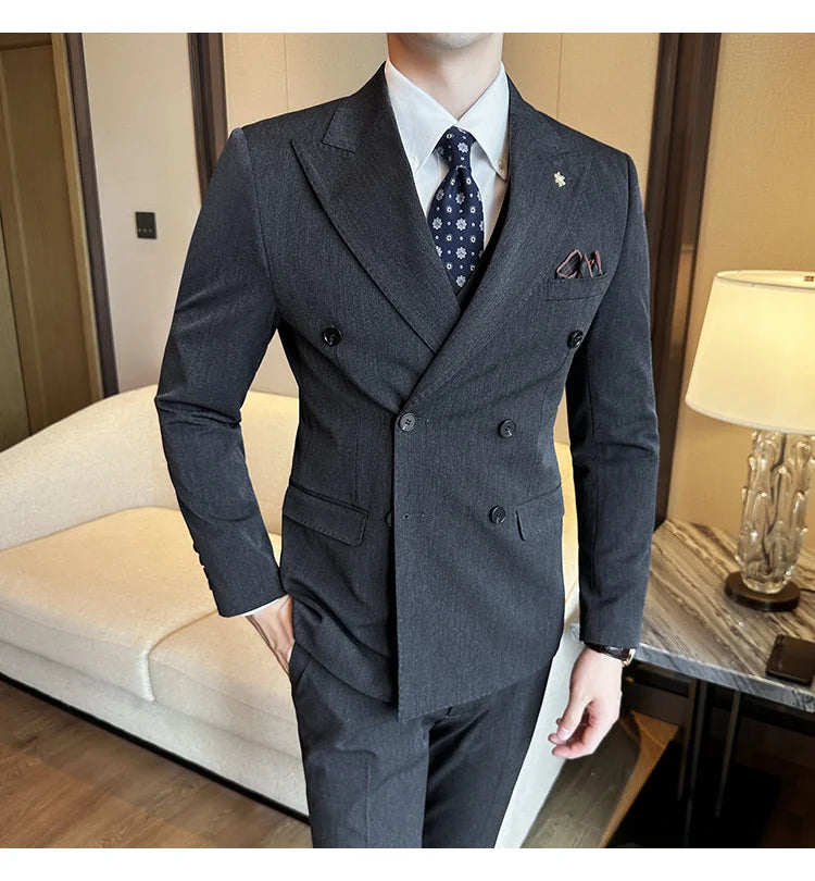 (Jackets+Pants) Luxury Double Breasted Design Slim Fit Suit High Quality Fashion Men's Wedding Social Suit Tuxedo 2 Piece Set