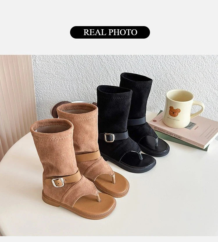 Summer Princess Long Pipe Boots Roman Sandals for Kids Girl Brand Design Ankle Strape Stretch-Satin Flip Flop Girls Shoes I06242
