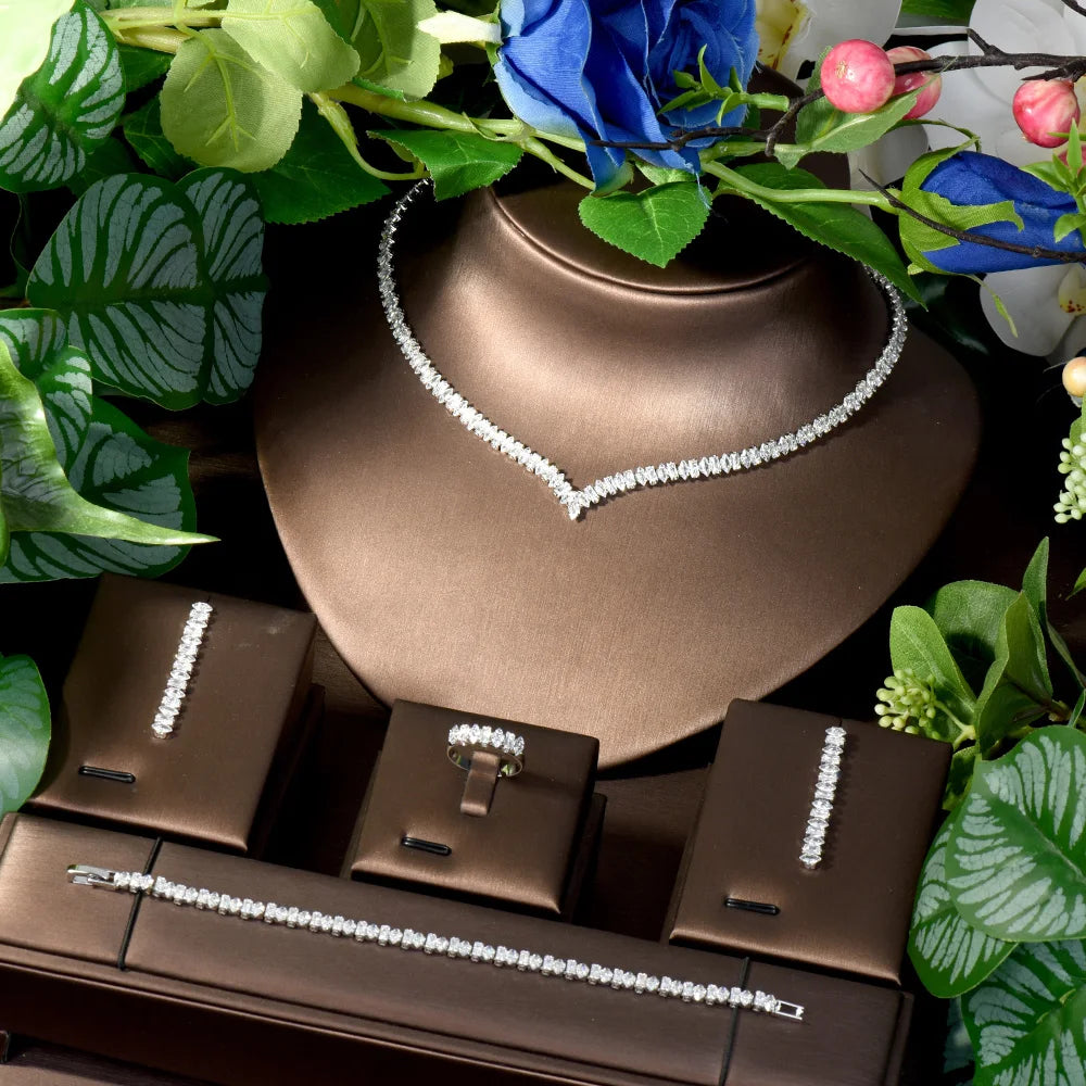 Fashion French Niche 4pcs Set Ambience Hundred CZ Zirconia Dubai Necklace Earrings Bridal Wedding Gift Party S-144
