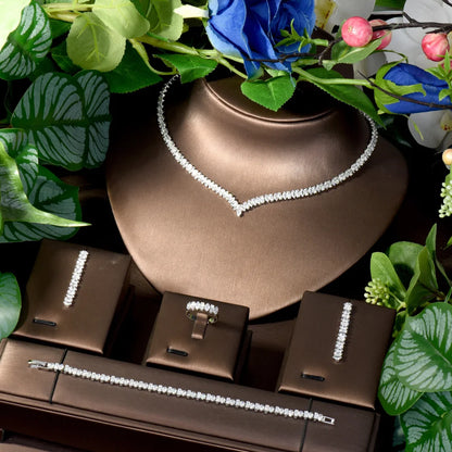 Fashion French Niche 4pcs Set Ambience Hundred CZ Zirconia Dubai Necklace Earrings Bridal Wedding Gift Party S-144