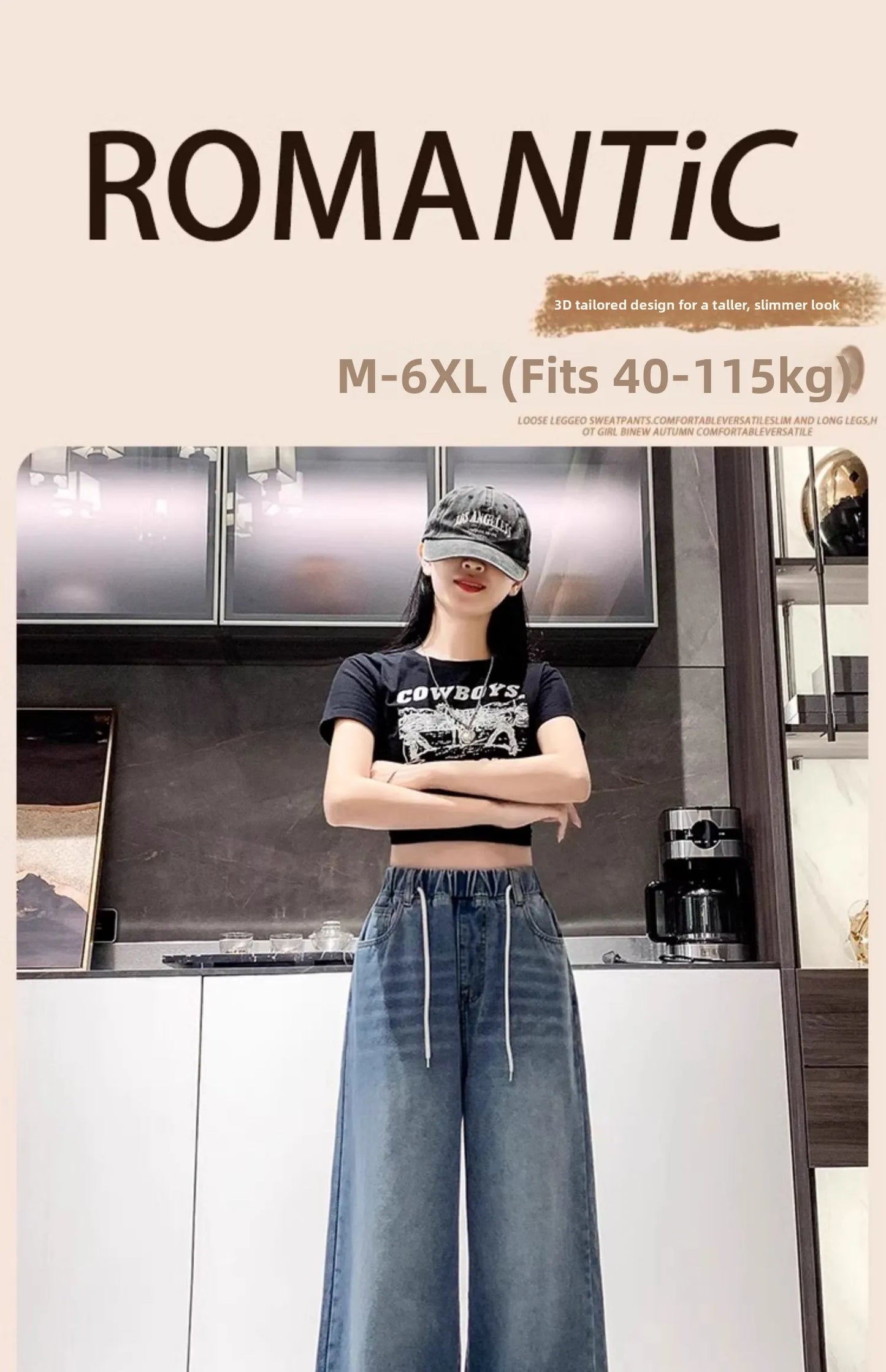 Calça Jeans Feminina Plus Size Folgada Cintura Alta Perna Larga Azul Claro Elástico na Cintura Cordão Calças Outono Moda Plus Size