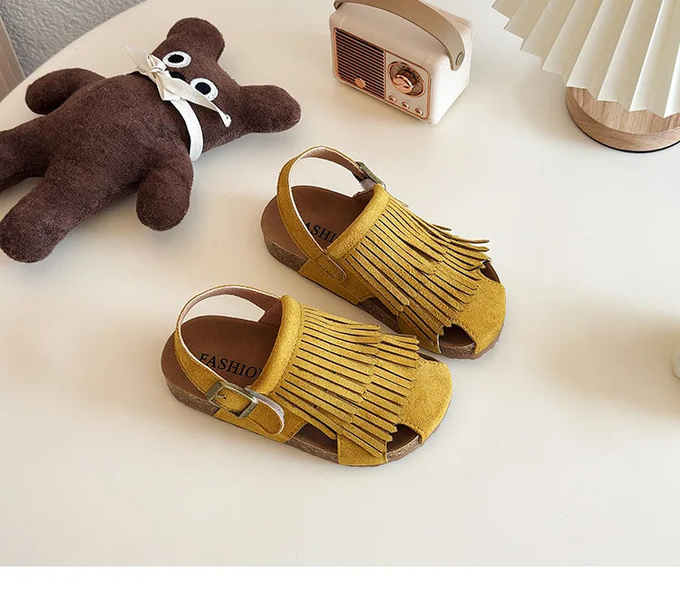Summer Peep Toe Tassel Children Shoes Girls Sandals Soft Bottom Flat Heel Buckle Girl's Shoes Back Strape Slingbacks Shoe I05285