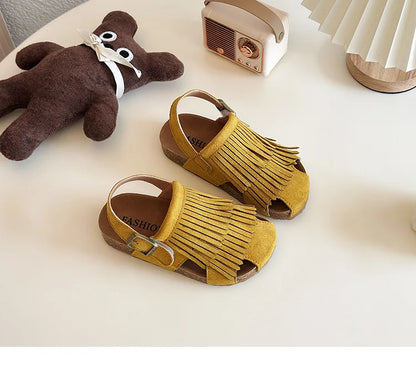 Summer Peep Toe Tassel Children Shoes Girls Sandals Soft Bottom Flat Heel Buckle Girl's Shoes Back Strape Slingbacks Shoe I05285