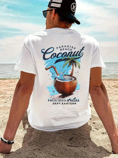2026 new Men's cotton T-shirt with beverage pattern - perfect for wearing on the beach in summer.