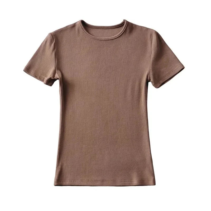 Casual Summer Woman Skinny Fit T-shirt Tight Short-Sleeve O-neck Tee Basic Solid Crop Tops T Shirt