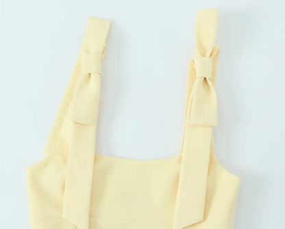 Sexy Chic Yellow Bow Tops Women Zipper Tie Up Slim Short Cami Tops Women Fashion 2025 Summer Elegant Y2K Girl Blouses