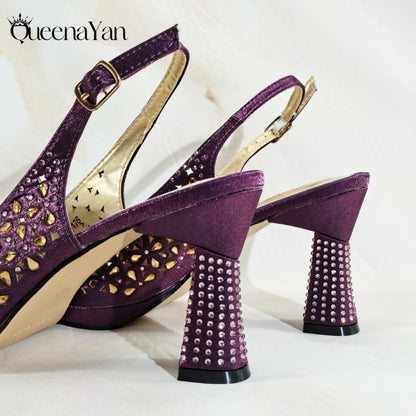 Elegant Mature Style Purple Rhinestone Design Women's Peep Toe High Heels With Matching Handbag Set for Party Wedding or Wokr