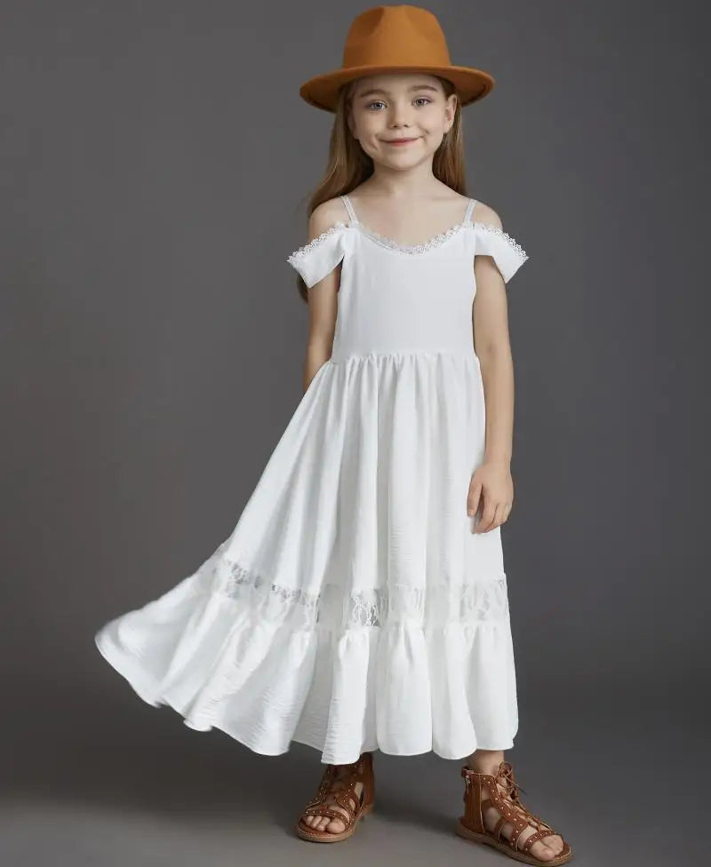 New Summer Strap Ruffle Girls Solid Color Slip Floor Long Dress Baby Kids Evening Party Dress Cloting for 4 6 7 8 10 12 Year