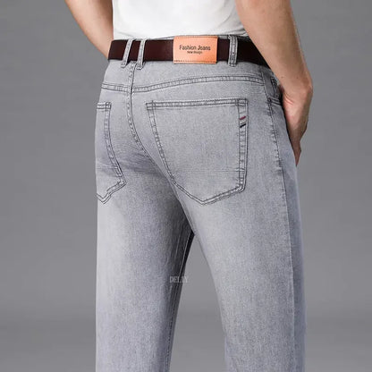 2026 Brand Thin or Thick Material Straight Cotton Stretch Denim Men's  Business Casual High Waist Light Grey Blue Jeans
