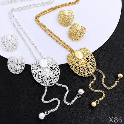 18K Gold Plated Necklace And Earrings For Women Set 85cm Long Chain Dubai Gold Color Silver Color Jewelry Adjustable Length 3pcs