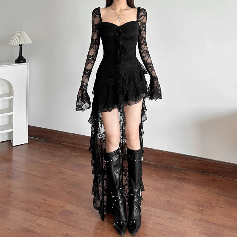 Lace Flare Sleeve Square Neck A-line Dress Sweet E-girl Irregular Long Hem Dresses Cyber Y2K Party Vestido