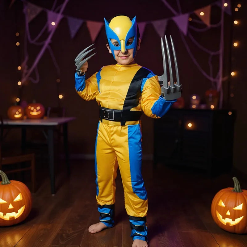 Boy's Wolverine Costume Movie Superhero Jumpsuit School Performance Outfit Halloween Mask Performance Costume Party Prop Gift