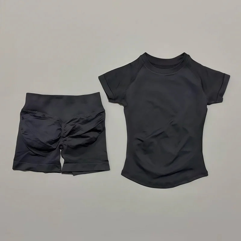 2 Piece Gym Sets Women Seamless Short Sleeve Top Butt Lifting Shorts Workout Fitness Running Sports Yoga Tracksuit