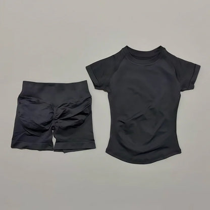 2 Piece Gym Sets Women Seamless Short Sleeve Top Butt Lifting Shorts Workout Fitness Running Sports Yoga Tracksuit