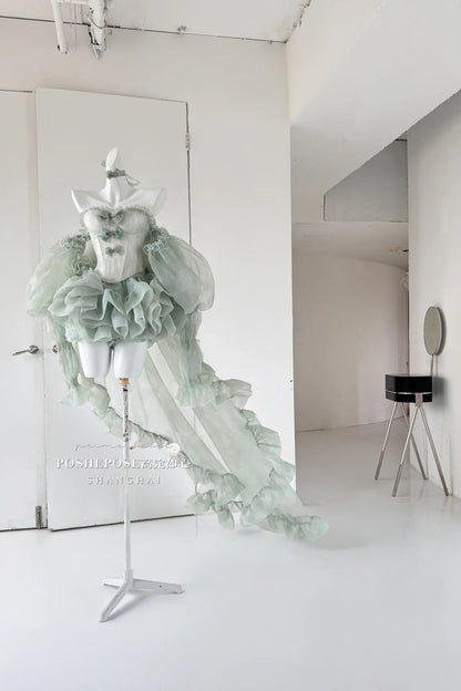High Street Women's Mint Green Strapless Bowknot Sweet Fairy Organza Dress 2024 New Elegant Big Bow Trailing Party Wedding Dress