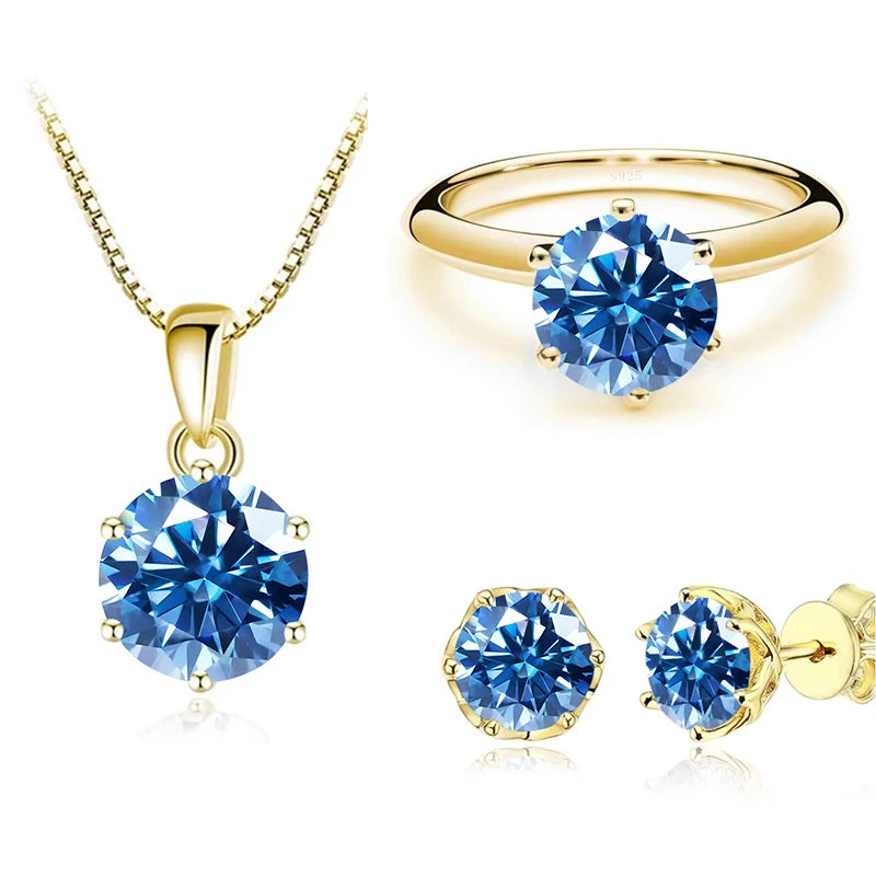 1Carat Moissanite Jewelry Set For Women Sterling S925 Silver Gold Plated Necklace Earrings Ring GRA Certified Wedding