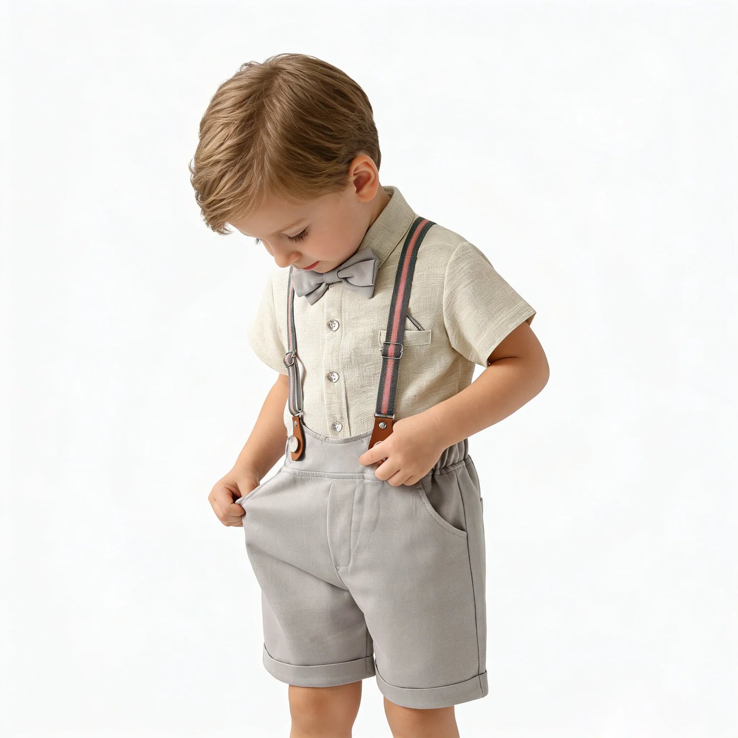 Kids Clothes Set Toddler Boys Gentleman Suit Khaki Short Sleeve Shirt with Bow Tie Shorts Formal Outfit Wedding Birthday Party