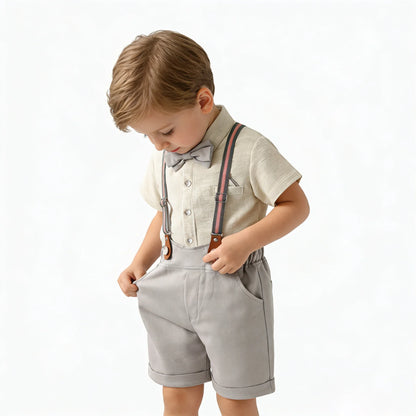 Kids Clothes Set Toddler Boys Gentleman Suit Khaki Short Sleeve Shirt with Bow Tie Shorts Formal Outfit Wedding Birthday Party