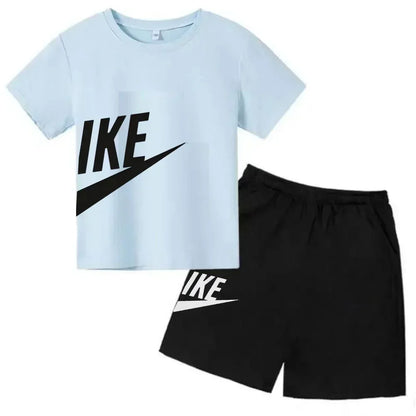 Fashion Sport 2Pcs Outfit, Printed Short Sleeve Tee and Shorts, Comfortable Summer Tracksuit for Boys Girls