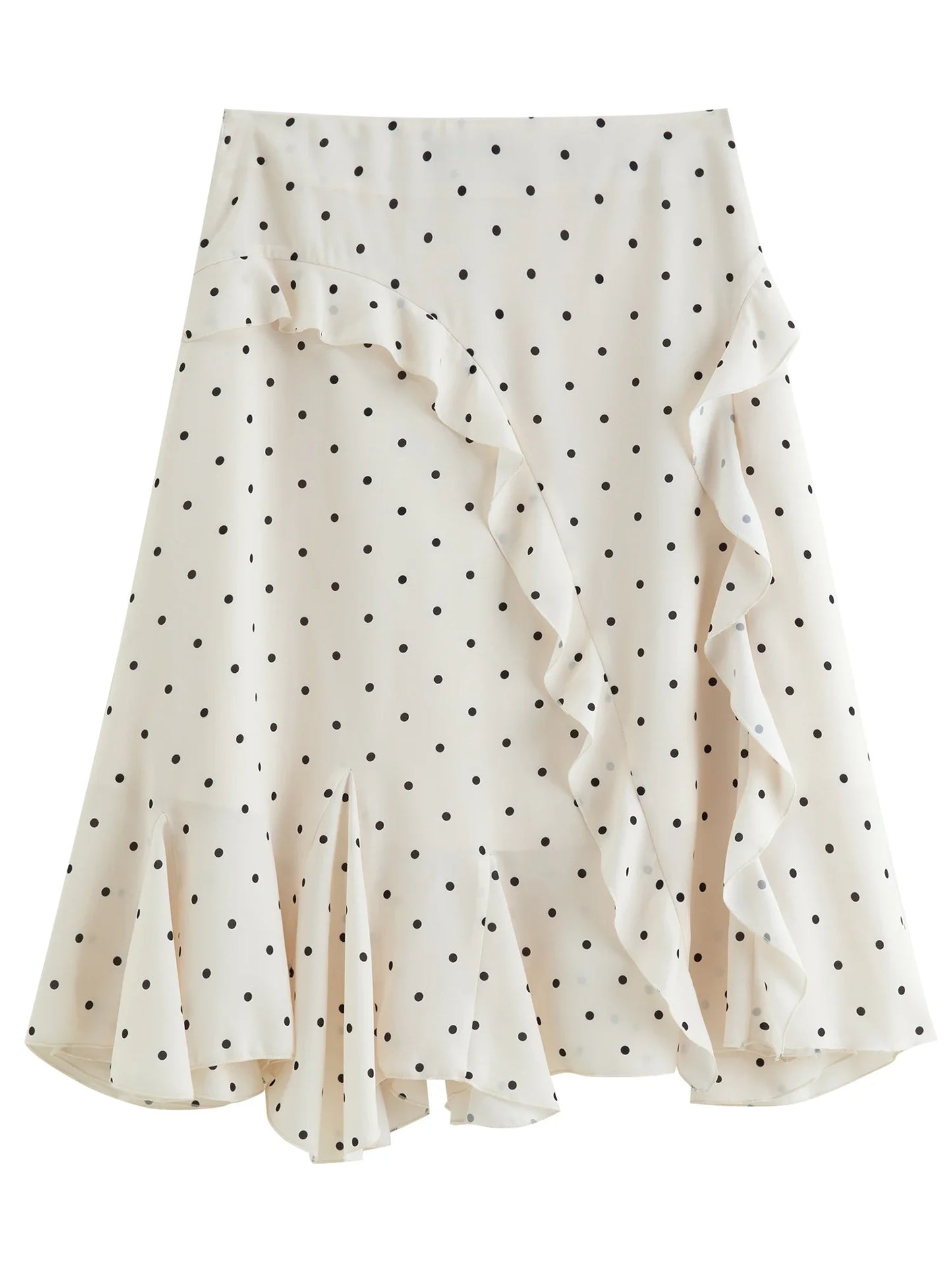 Irregular Ruffle Polka Dot Midi Skirt New Spring High-waisted A-line Skirt for Commuting Knee-length Trendy Korean Style