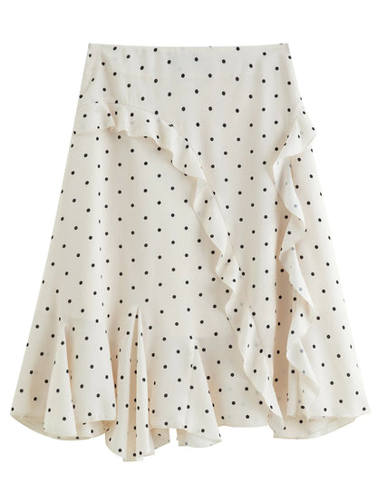 Irregular Ruffle Polka Dot Midi Skirt New Spring High-waisted A-line Skirt for Commuting Knee-length Trendy Korean Style