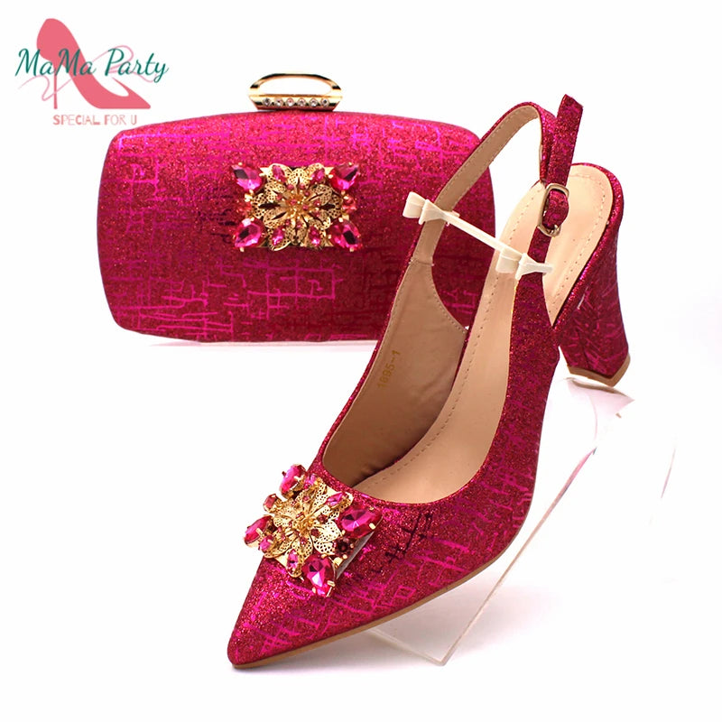 Classics Italian Design Shoes and Bag Set in Orange Color Comfortable Heels Pointed Toe Pumps for Wedding Party
