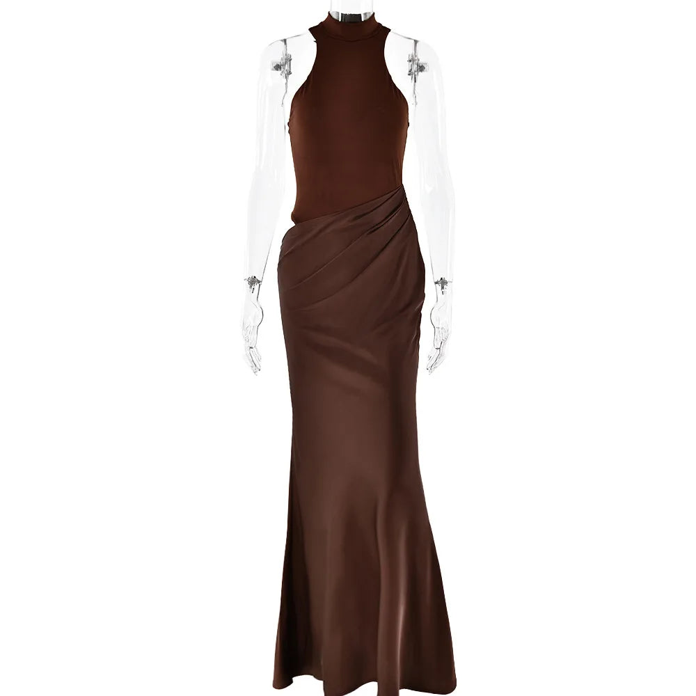Satin Sexy Hollow Out Women Maxi Dress Black Sleeveless High Waist Dress Female Autumn Skinny Elegant Party Clubwear