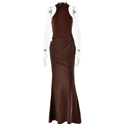 Satin Sexy Hollow Out Women Maxi Dress Black Sleeveless High Waist Dress Female Autumn Skinny Elegant Party Clubwear