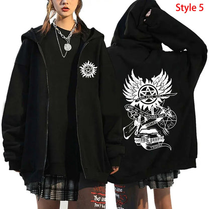 Fashion Unisex Autumn Winter Coat Supernatural Print Zipper Hoodie Casual Long Sleeve Tops Women Men Harajuku Zipper Sweatshirt