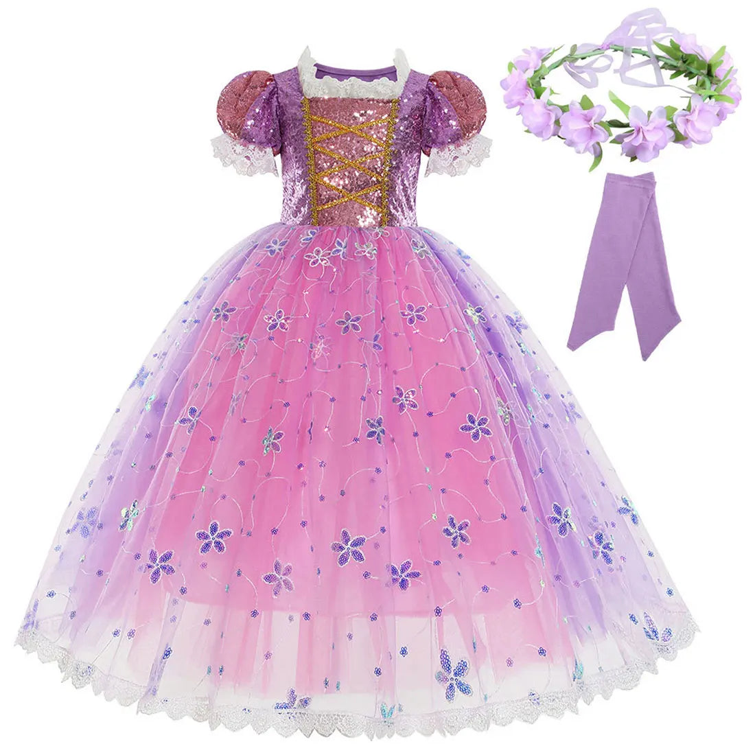 Short Sleeve Purple Puffy Dress + Accessories Girls Cosplay Rapunzel Summer Casual Dress Birthday Party Gift