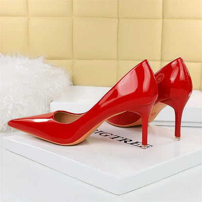 Women 7.5cm 10.5cm High Heels Wedding Bridal Classic Pumps Lady Scarpins Metallic Leather Low Heels Stiletto Nude Office Shoes