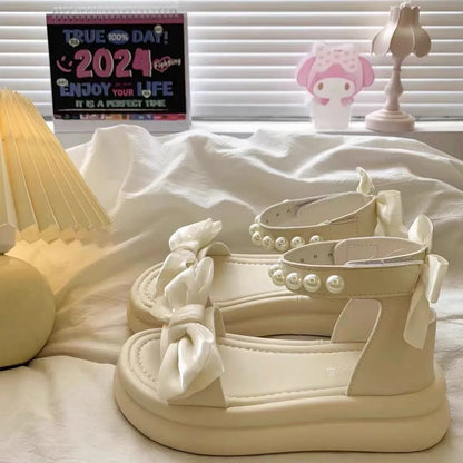 Girls Sandals Pearl Bow Princess Shoes 2026 Summer New Children's Beach Shoes Girls Soft Sole Sandals