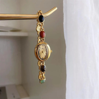 Luxury Vintage Quartz Women's Watches Fashion Natural Green Jade Bracelet Clock Numerals Small Oval Dial Watch Woman Accesories