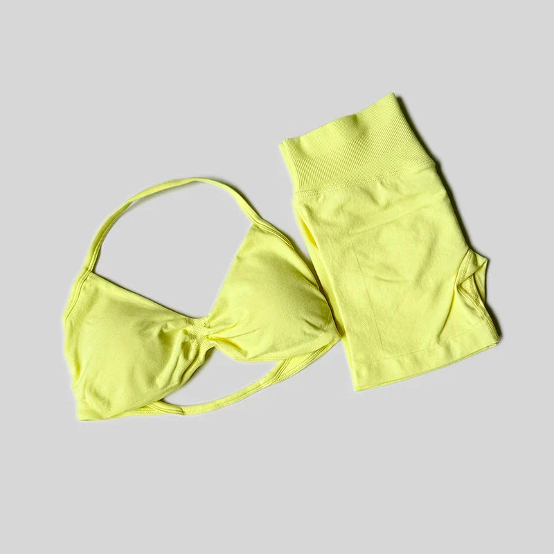 Yoga Set Fitness Gym Women Solid High Waist Peach Short Legging Halter Neck Sport Bra Athletic Gym Suit