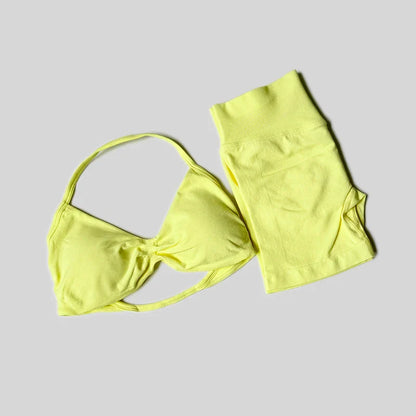Yoga Set Fitness Gym Women Solid High Waist Peach Short Legging Halter Neck Sport Bra Athletic Gym Suit