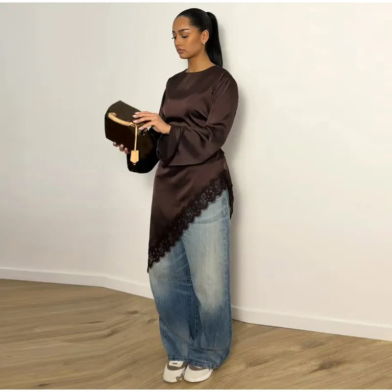 Women's Satin Blouse With Lace Trim Fashion O-neck Long Sleeve Lace Up Waist Irregular Tops 2026 Spring New Chic Lady Streetwear