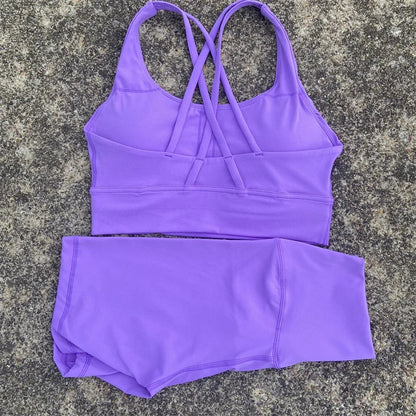Solid Color soft gym Yoga Set short Legging +cross sport bra Tracksuit  Women Gym Suit Comprehensive Training Jogging Athletic