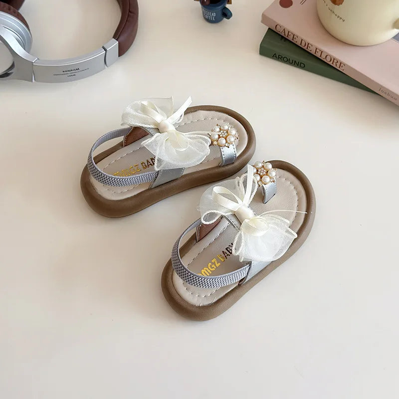 Brand Designer Ribbons Sandals for Girls Beaded Flip Flop Evening Party Dress Shoes Tulle Bow-tie Child Shoes Girl Sandal I06034