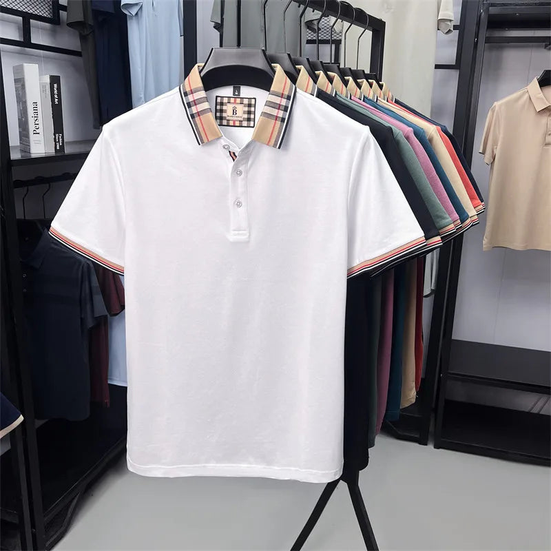 Fashion brand luxury short sleeve polo shirt men summer quality silky cotton breathable business casual striped collar T-shirt
