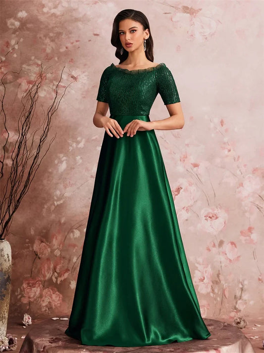 Vestido de Noite de Luxo com Lantejoulas Verdes e Ombro a Ombro 2025 Feminino em Cetim para Casamento, Festa, Formatura, Baile de Formatura, Comprimento Longo e Coquetel