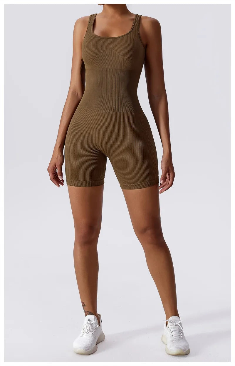 Women's Yoga Rompers One Piece Tummy Control Seamless Ribbed Jumpsuit Padded Sports Bra Workout Romper Fashion Fitness Sportwear