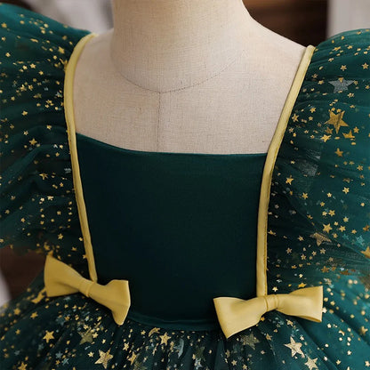 Princess Dress for Girls Sequined Star Ruffle Bow Tutu Gown Baby Formal Gala Prom Gown Kids Evening Party Costume