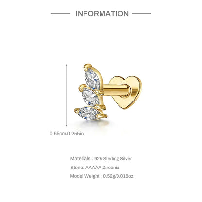 1PC 925 Sterling Silver Crown Horse Eye Zircon Heart Flat Head Cartilage Piercing Stud Earring For Women Claasic Earring