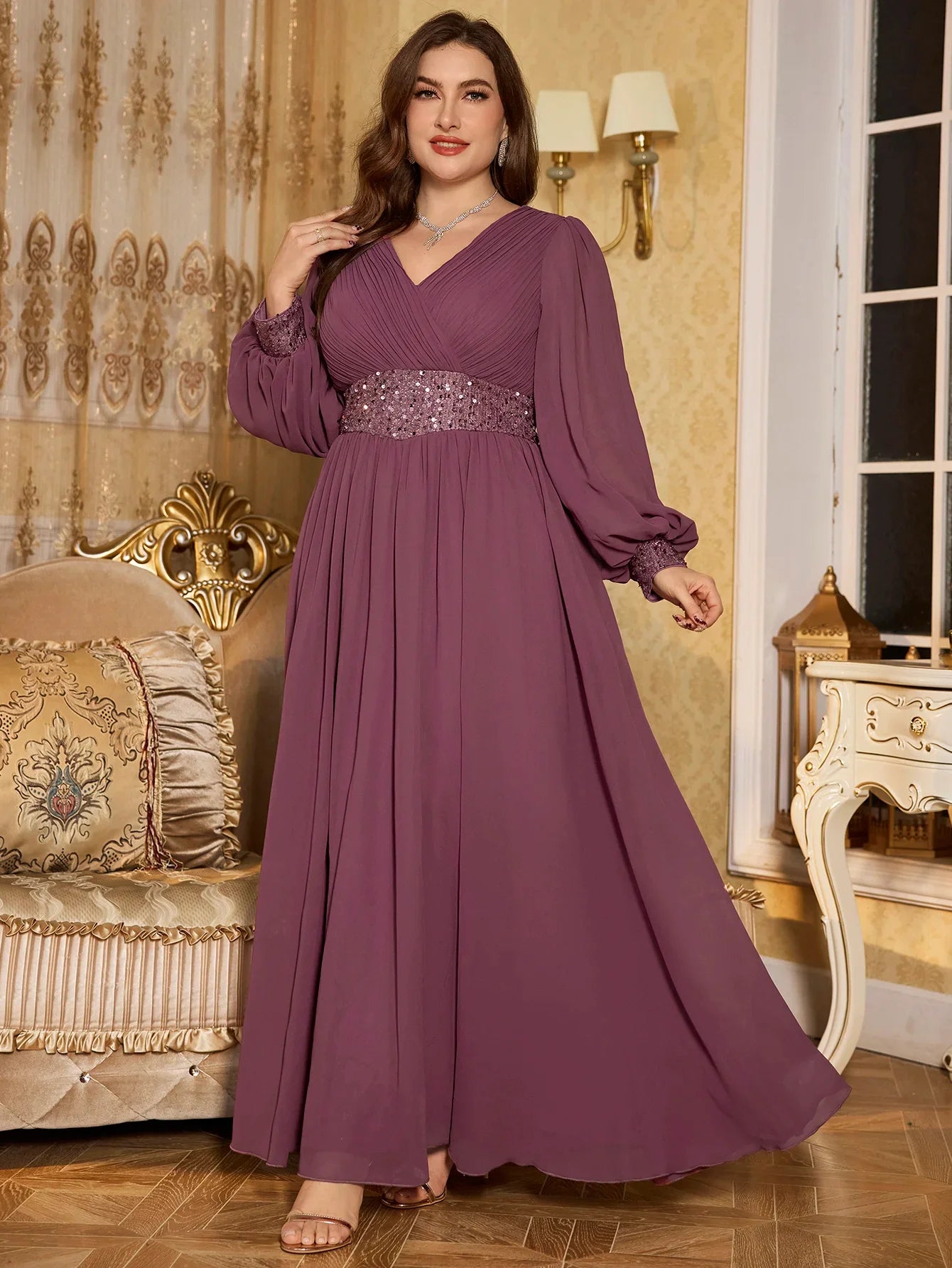 Plus Size V-Neck Sequin Panel Splice Chiffon Evening Dress Women's Elegant Glitter Gown for Formal Occasions