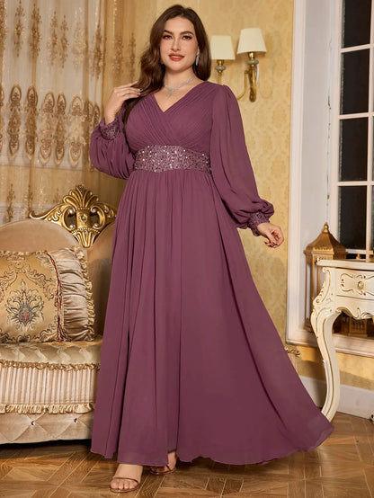 Plus Size V-Neck Sequin Panel Splice Chiffon Evening Dress Women's Elegant Glitter Gown for Formal Occasions
