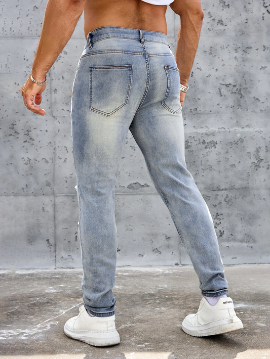 Men's Casual Slim Fit Stretch Jeans-Ripped Blue Denim Trousers Spring and Summer Pants Elastane Fabric