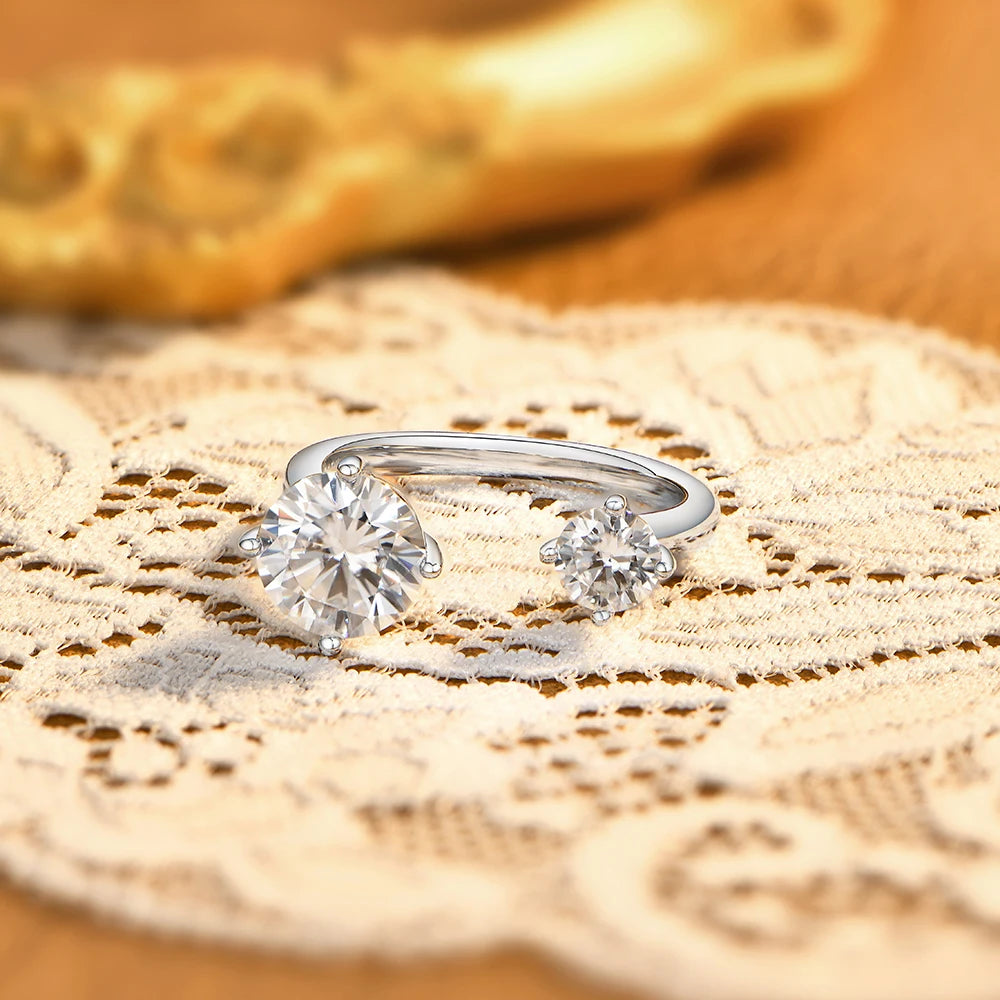 Two Stone Round Cut Moissanite Ring for Women 100% S925 Silver Personalized Open Rings Daily Wear Korean Style Jewelry