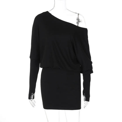 Woman Clothes Diagonal Collar Long Sleeve Package Hip Short Dress Streetwear Black Pink High Waist Tunics Slim Party Dresses