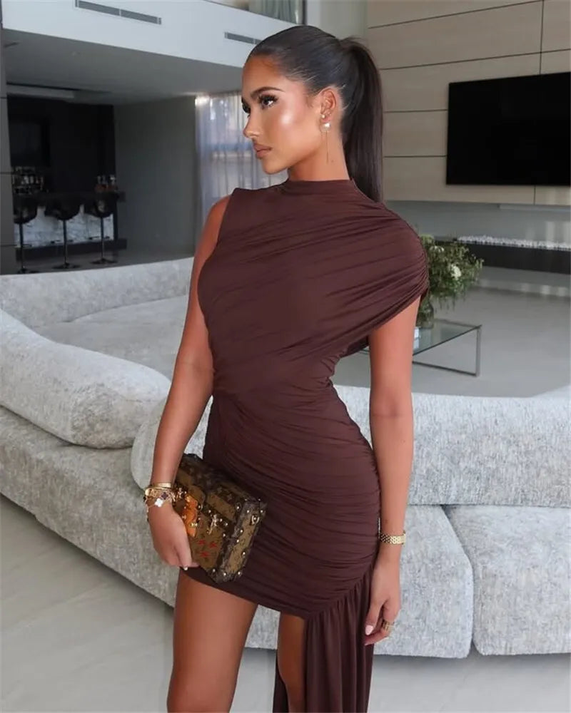 Irregular Draped Ruched Sexy Mini Dress For Women Elegant Turtleneck Sleeveless High Waist Pleated Club Party Dress